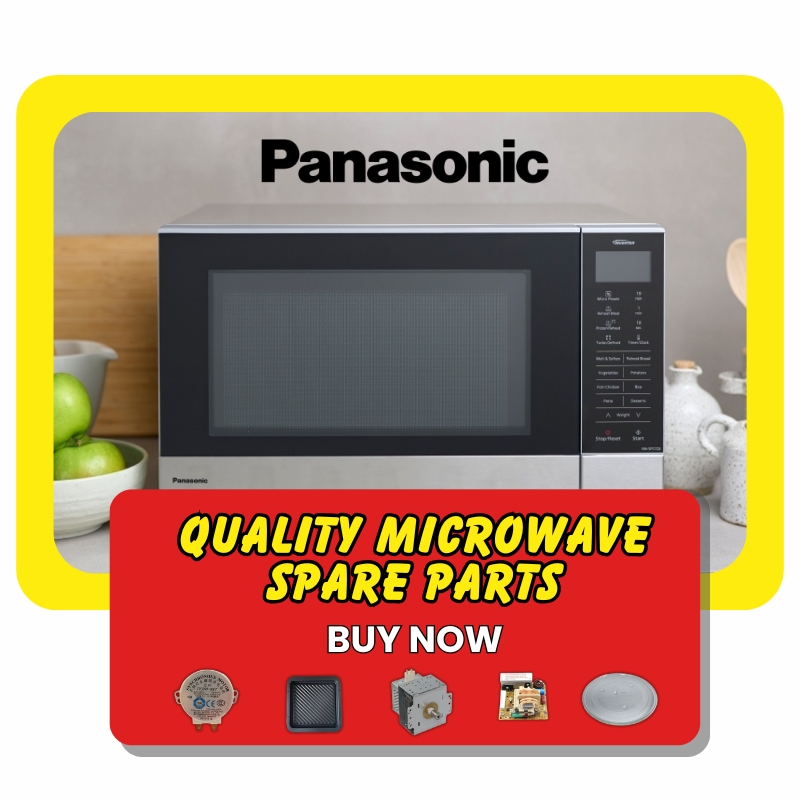 Panasonic microwave with quality Panasonic Microwave Spare Parts, including plate, motor, and filter, highlighted with a buy now option.