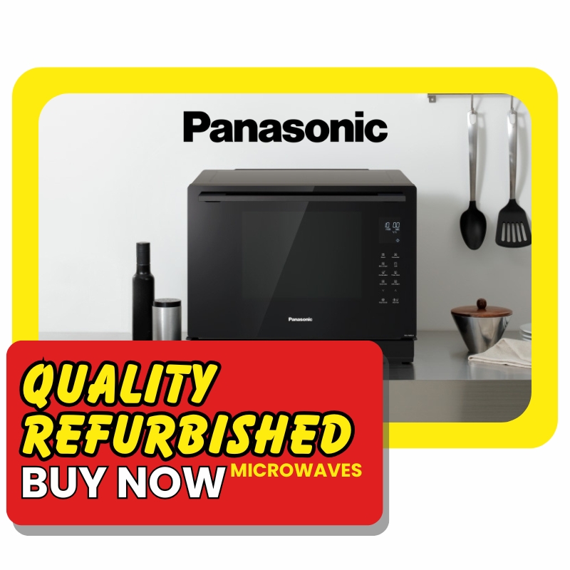 Quality refurbished Panasonic microwaves in Australia, featuring a sleek black design on a modern kitchen countertop.