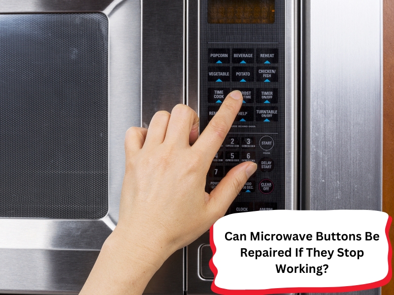 Close-up of a microwave with malfunctioning buttons, highlighting the issue of microwave buttons not working.