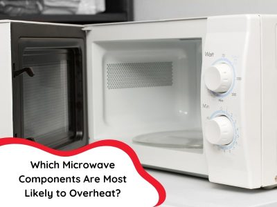 A microwave oven with its door open highlights the potential for microwave components to overheat.