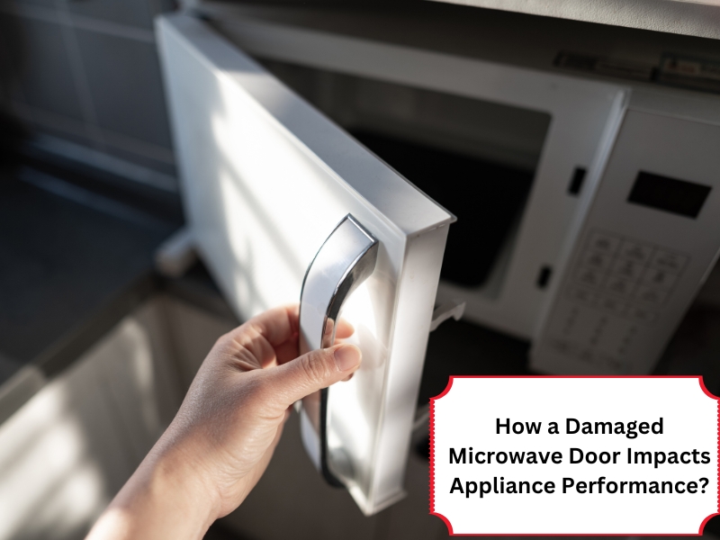 A hand opens a microwave door with a damaged latch.