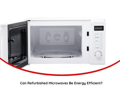 A white, open **refurbished microwave**, suggesting the question of whether **refurbished microwaves** can be **energy efficient**, is shown against a white background with a curved red line at the bottom.