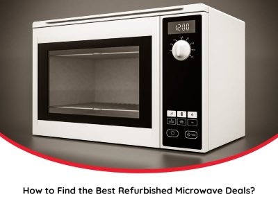 Modern microwave with digital controls shown in a promotional banner about refurbished microwave deals online.