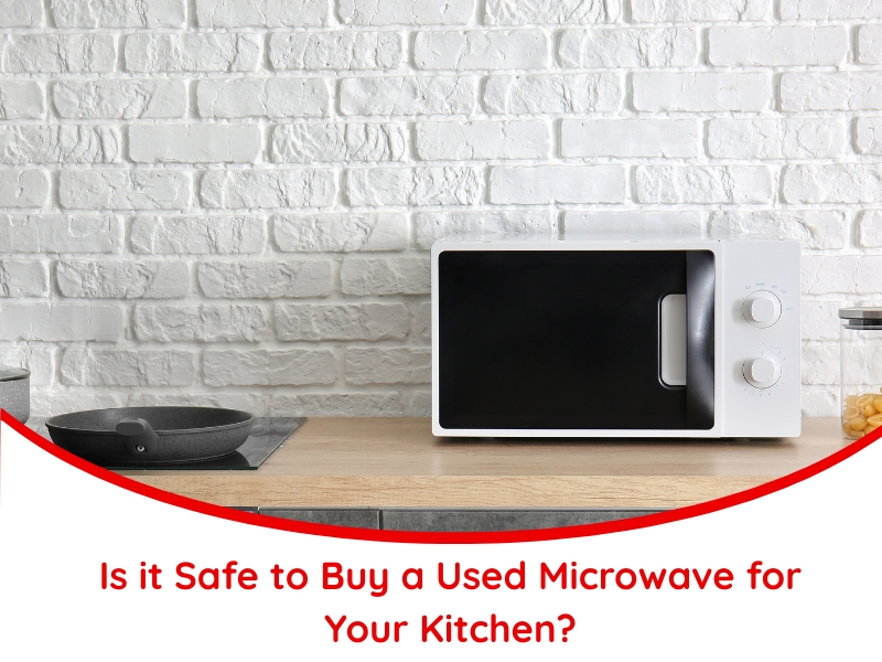 Modern kitchen countertop with a white microwave oven, illustrating the concept of buying a used microwave and evaluating its safety for home use.