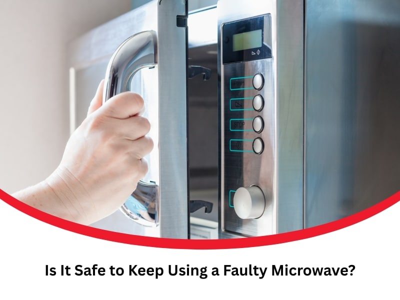 Person opening modern appliance asking if it’s safe to use a faulty microwave with warning text.