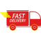 Fast Icon – Red delivery truck with yellow wheels, motion lines, and bold "FAST DELIVERY" text on the side