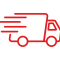 FAST, EFFICIENT SHIPPING – Red delivery truck icon with motion lines, representing quick and reliable service