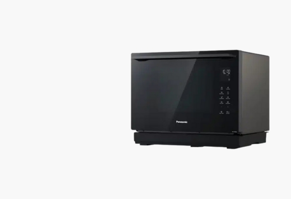 Microwave Category – Sleek black Panasonic microwave with glass door and digital control panel, set against a plain background