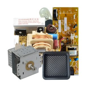 Microwave Parts – Collection of electronic components including circuit board, transformer, magnetron, and microwave grill tray