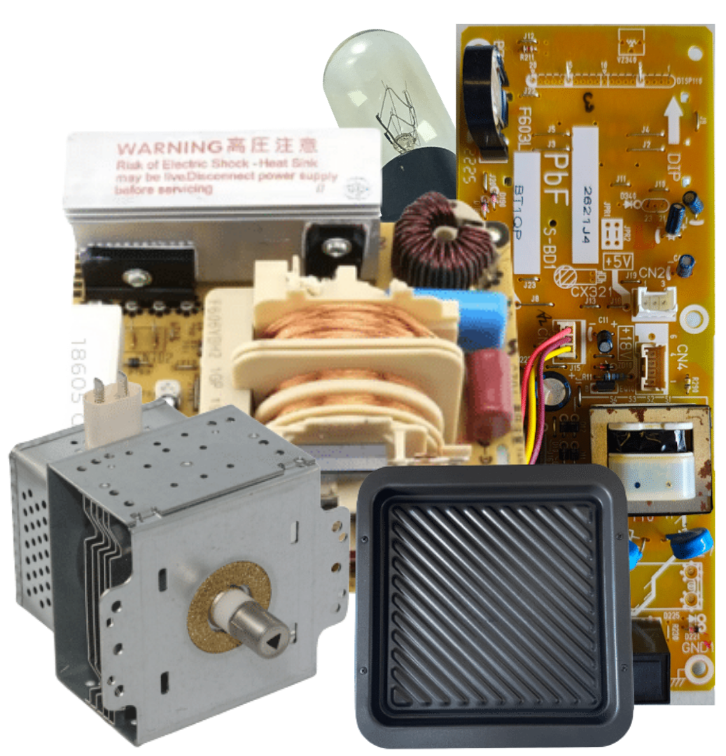 Microwave Parts – Collage of key components including a circuit board, transformer, magnetron, and heating element used in microwave ovens