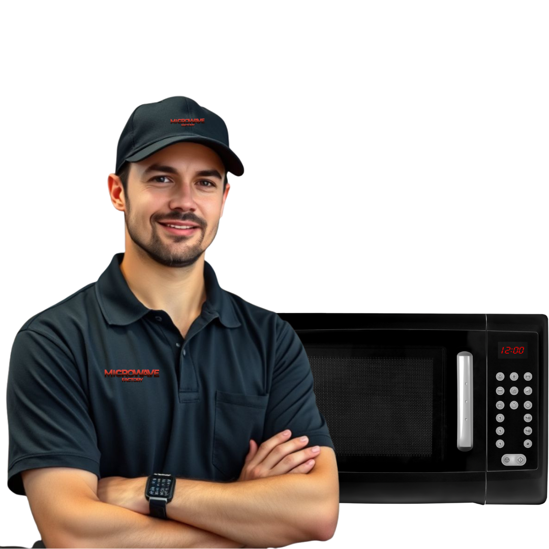 PARTNER WITH MICROWAVE FACTORY – Man in black polo and cap standing confidently next to a modern black microwave, arms crossed
