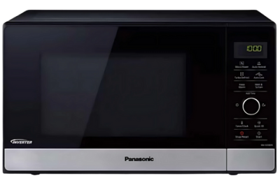 High-Quality Microwaves at a Lower Price – Front view of sleek black Panasonic microwave with digital display and control panel on the right