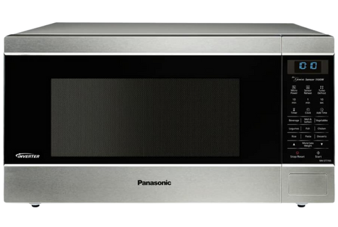 High-Quality Microwaves at a Lower Price – Stainless steel Panasonic microwave with black glass door and digital control panel showing time and settings