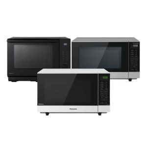 Microwaves – Trio of black, silver, and white microwave ovens with modern styling and digital features
