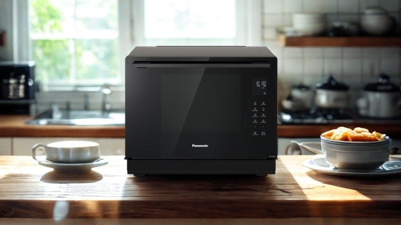 NN-CS89LB Microwave – Sleek black Panasonic microwave on a wooden kitchen counter, with a cup and bowl nearby, lit by natural light