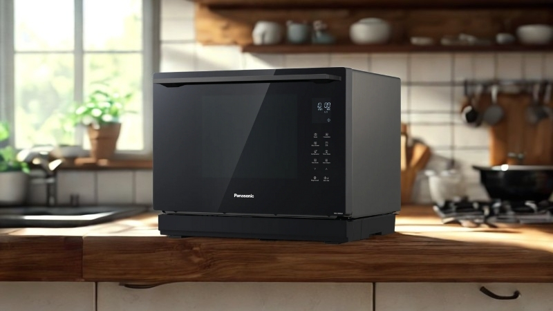 NN-CS89LB Panasonic – Sleek black Panasonic microwave on a wooden kitchen countertop, surrounded by green plants and modern cooking utensils
