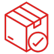 PACKAGING – Red outline of a cardboard box with a checkmark, representing secure and confirmed product packing