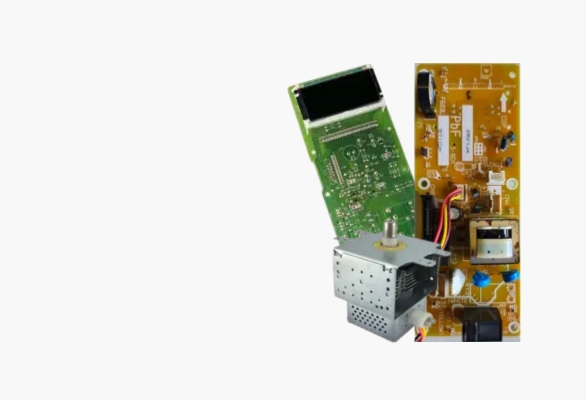 Parts Category – Close-up of two circuit boards and a motor showing electronic components and wiring, set on a white background