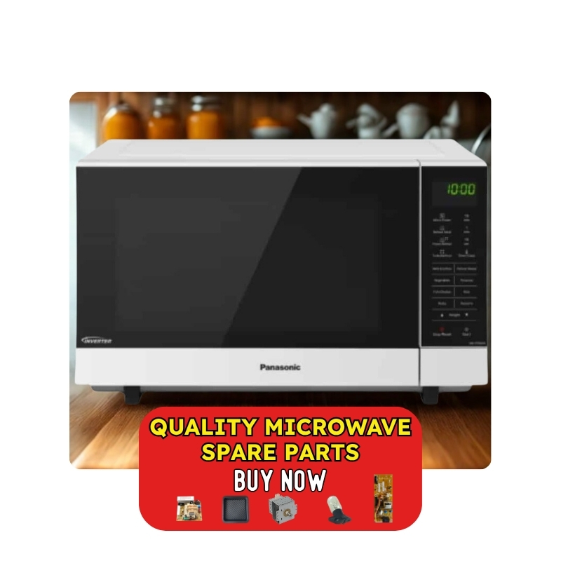 Quality Spare Parts Buy Panasonic Microwave Spare Parts Online – Panasonic microwave with digital display and control panel, overlaid by a "Buy Now" banner promoting quality spare parts