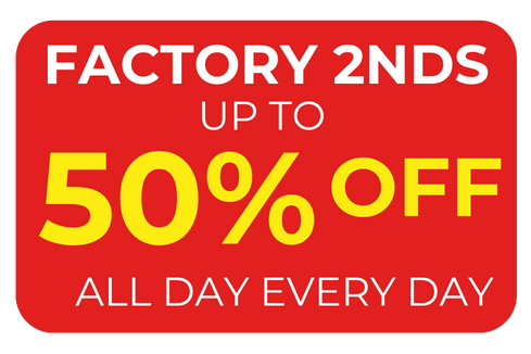 High-Quality Microwaves at a Lower Price – Bright red sign advertising "Factory 2nds" with "Up to 50% Off" and "All Day Every Day" in bold yellow and black text